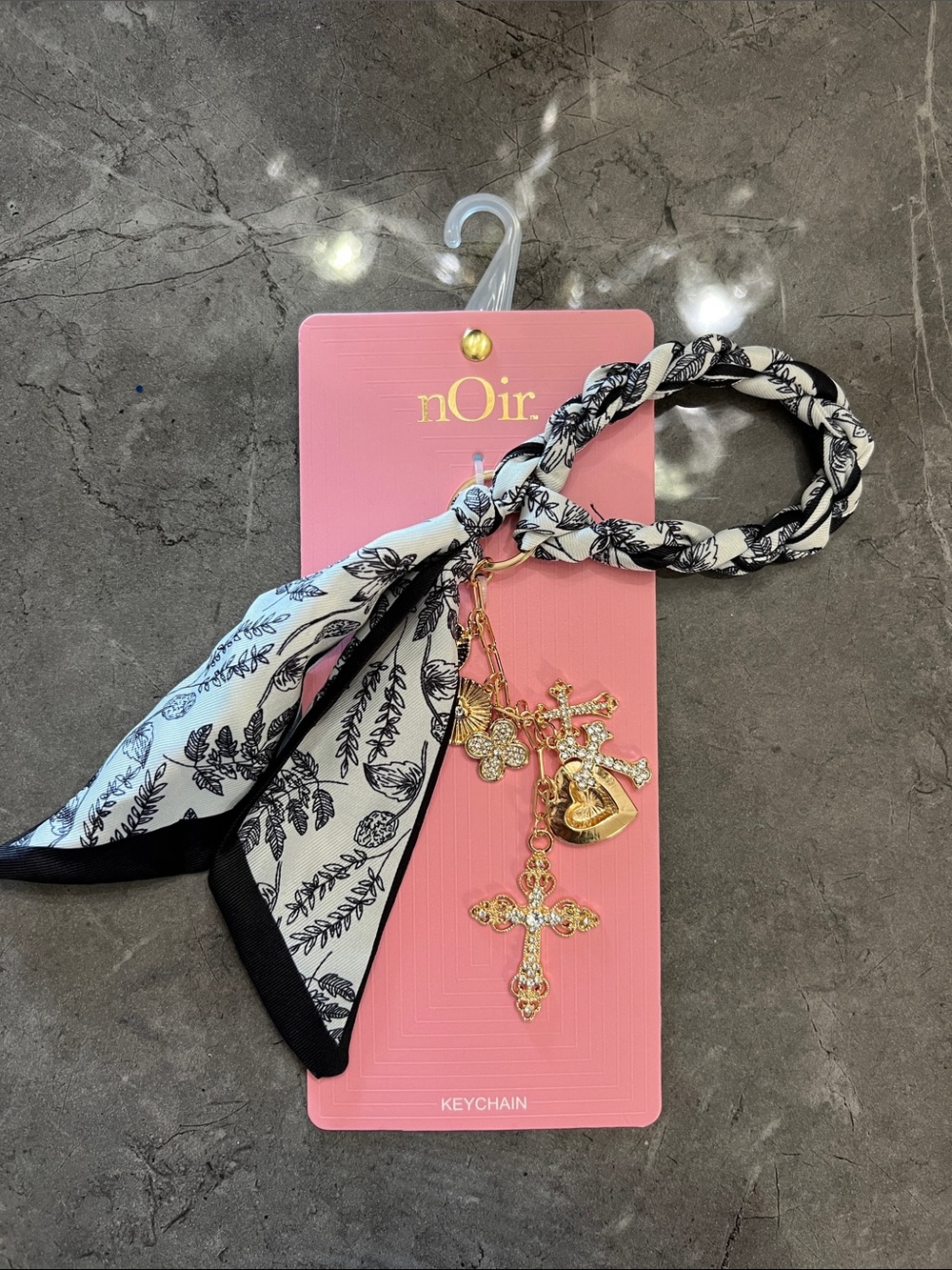 nOir Jewelry Black & White Braided Scarf Keychain with Gold Charms